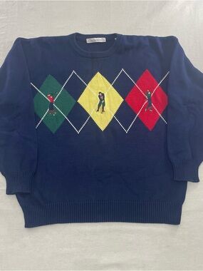 John Ashford Golf Sweater XL Argyle Embroider Blue Knit Crewneck Cotton Vintage